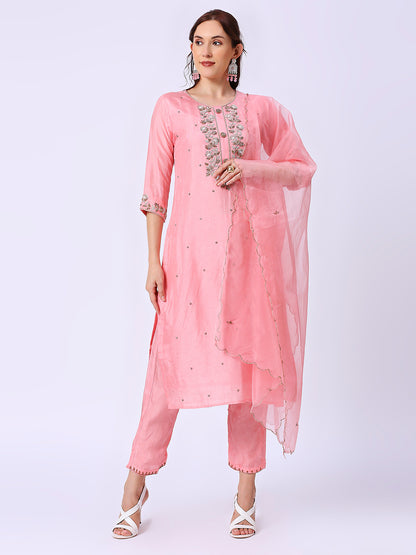 Pink Embroidered Silk Set