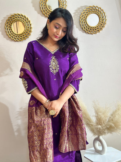 Purple Heavy Embroidered Yoke & Sleeves Silk Kurta Set