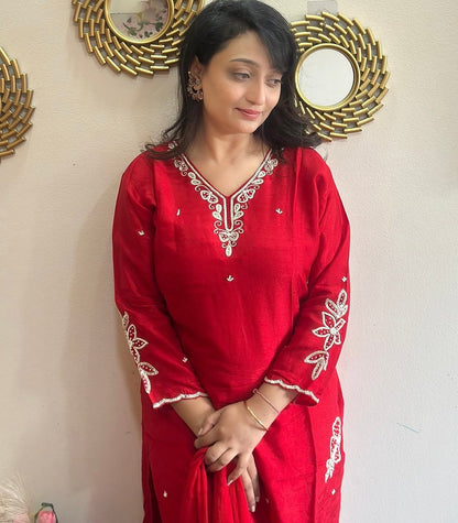 Beautiful Embroidered Red Dola Silk Kurta Set with Dupatta