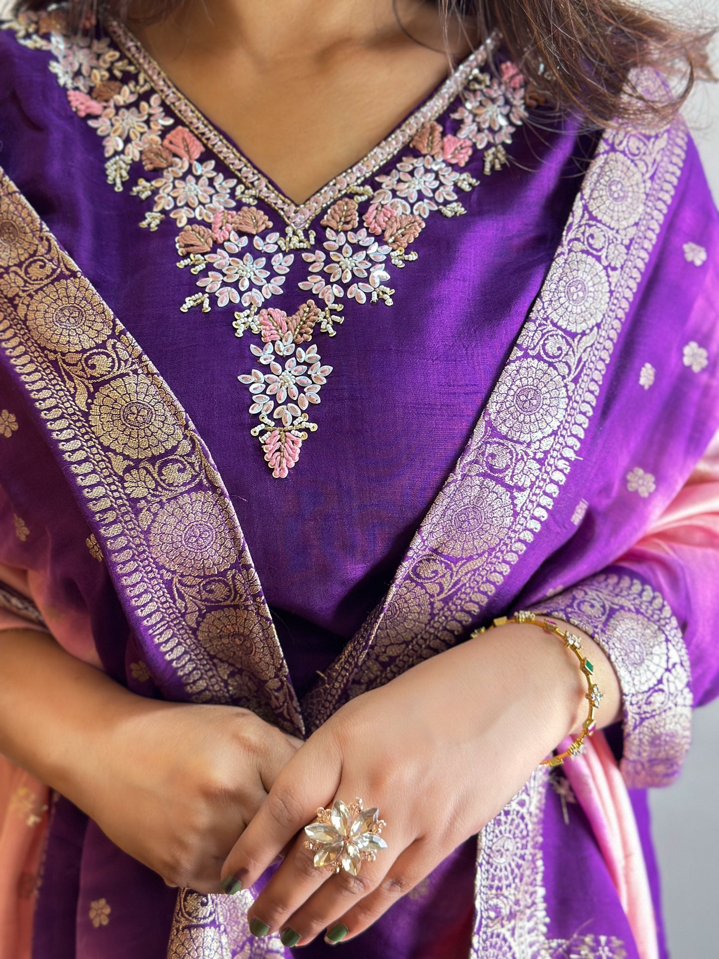 Embroidered Kurti Set With Two-Shade Banarasi Dupatta