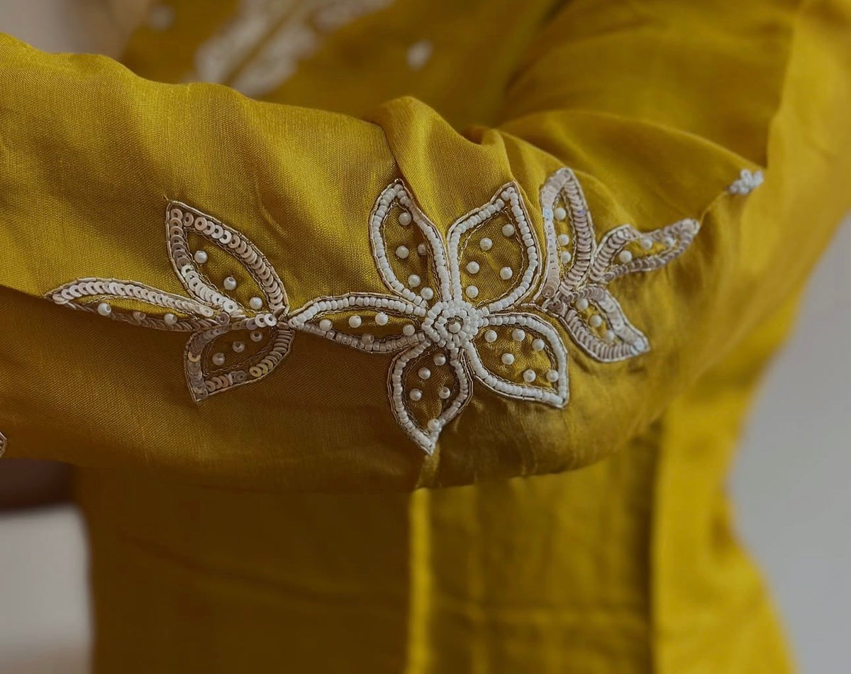 Beautiful Embroidered MustardDola Silk Kurta Set with Dupatta