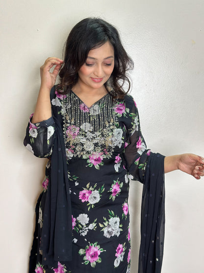 Embroidered Black Muslin Kurti With Pink Flowers