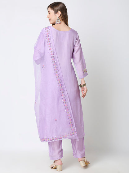 Ribbon Embroidered Kurts Set With Hand Painted Dupatta