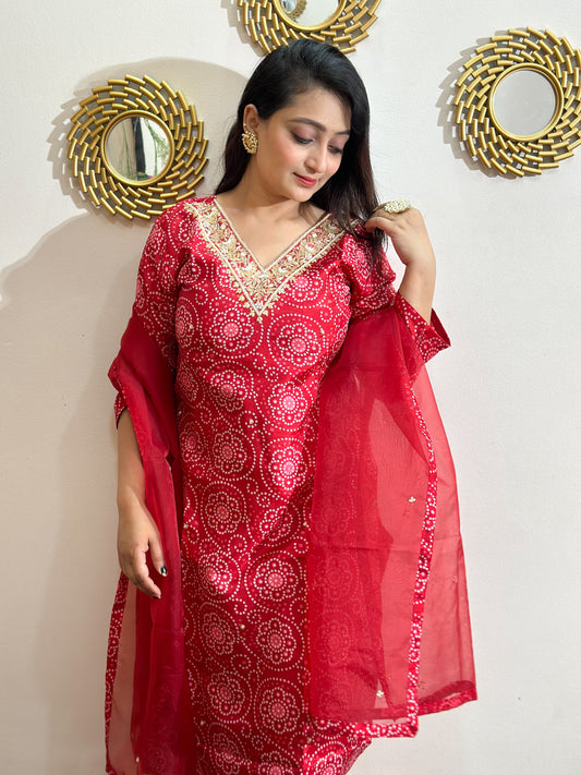 Red Embroidered Dola Silk Bandhej Kurti