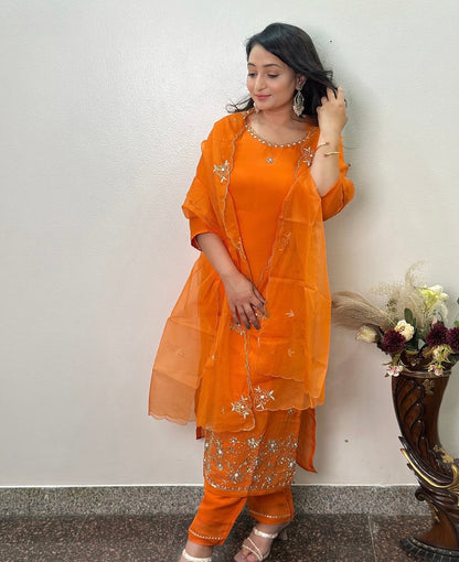 Elegant Orange Embroidered Ensemble