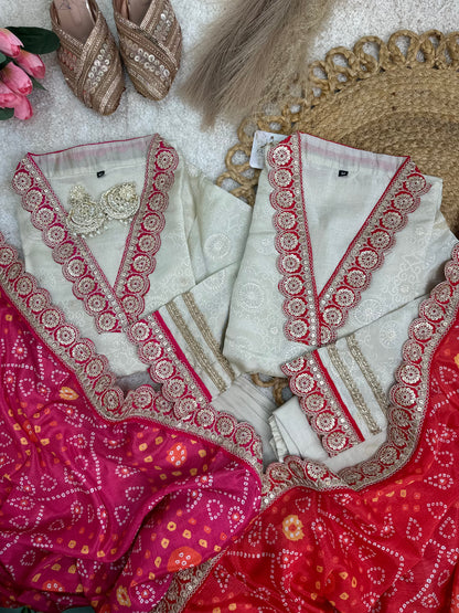 Beautiful Scalloped Lace Kurta with Bhandhani Pink Scalloped Dupatta