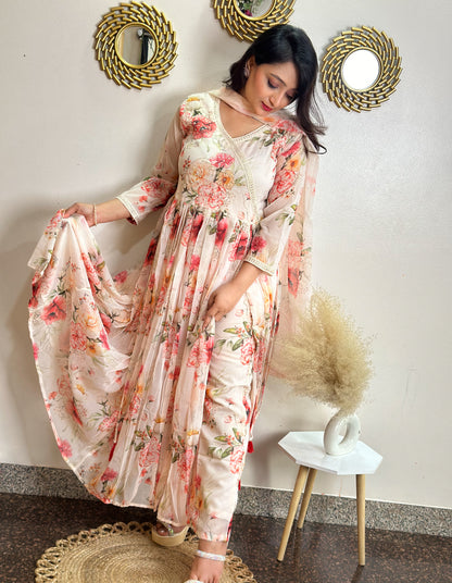 floral mulmul anarkali with a contemporary side slit