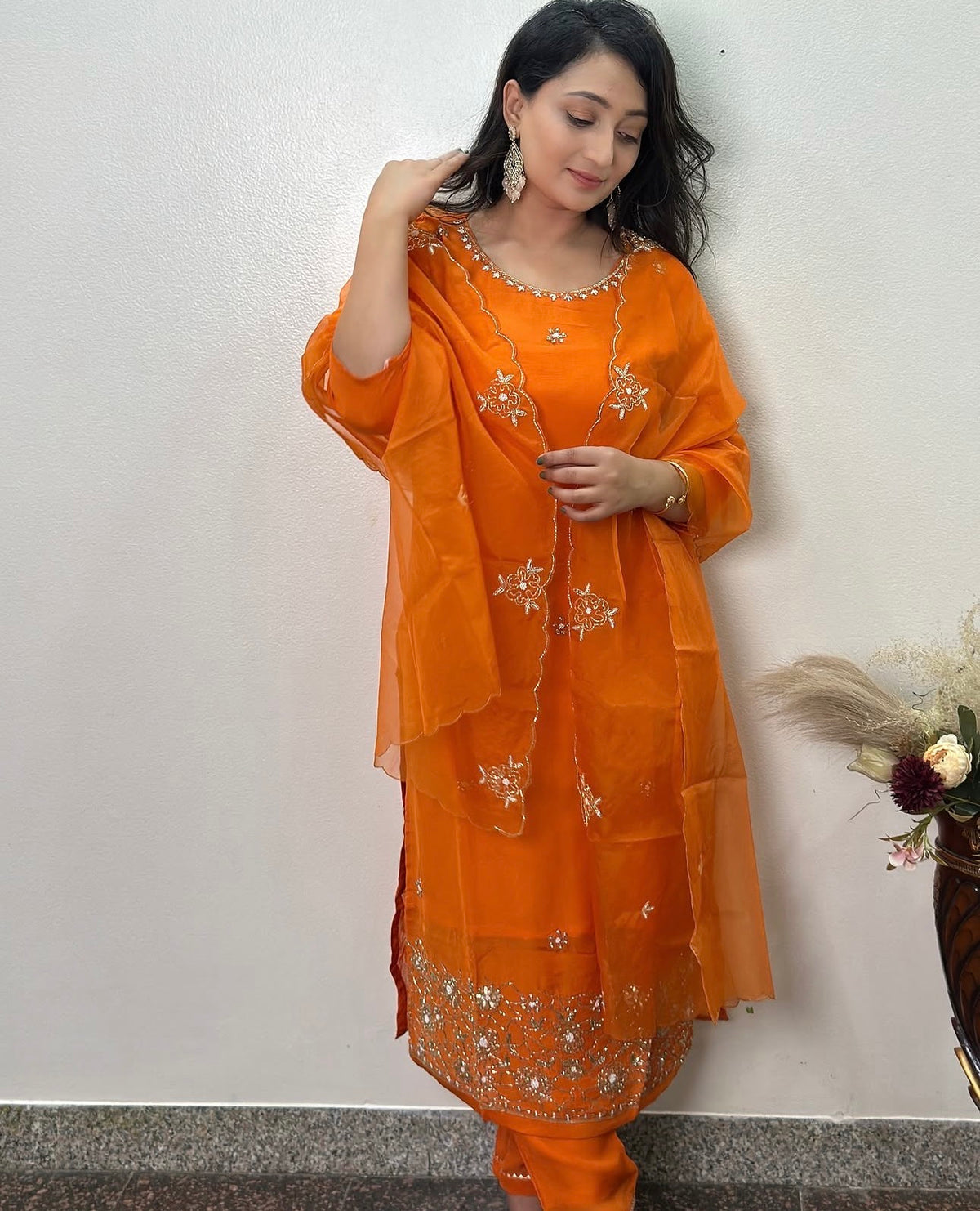 Elegant Orange Embroidered Ensemble