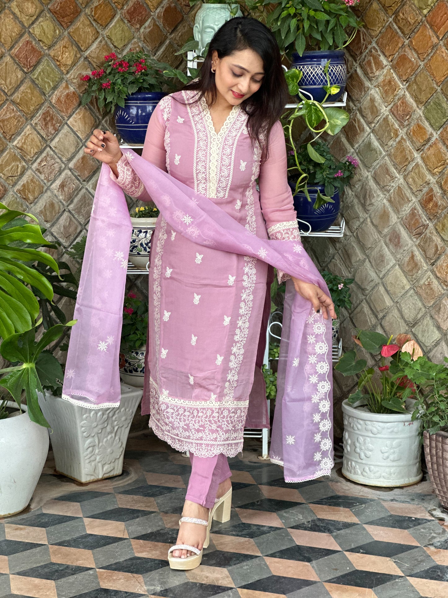 Mauve Purple Organza Embroidered Suit Set