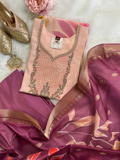 Elegant Printed Embroidered Kurta Set With Printed Dupatta & Pants