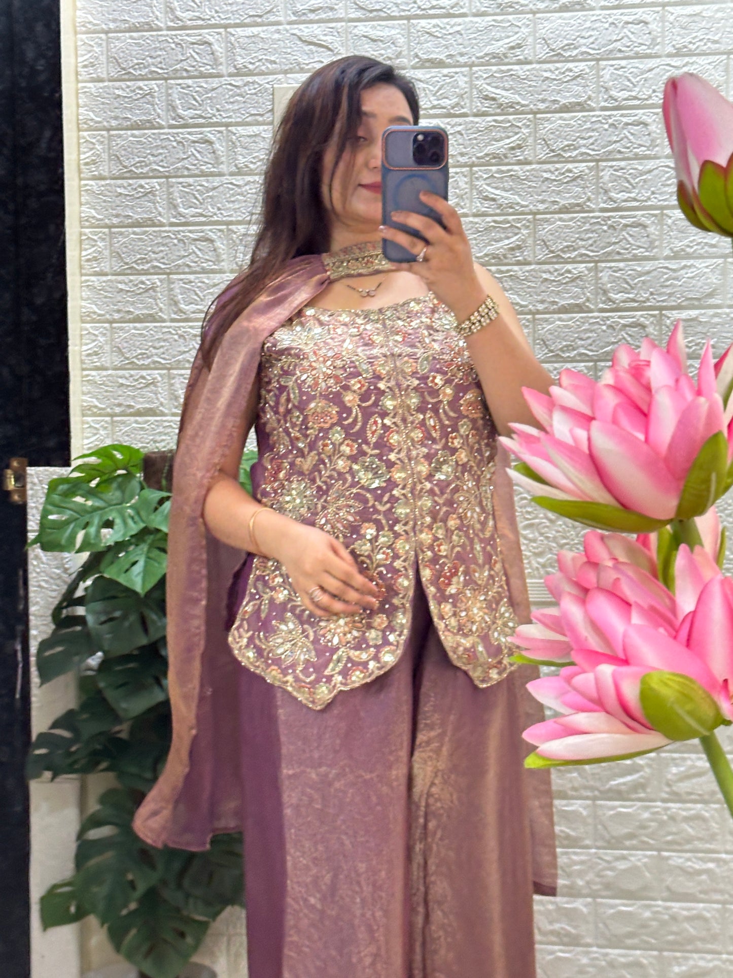 Indo Western- lavender silk embroidered short kurti with flared pants and a matching dupatta
