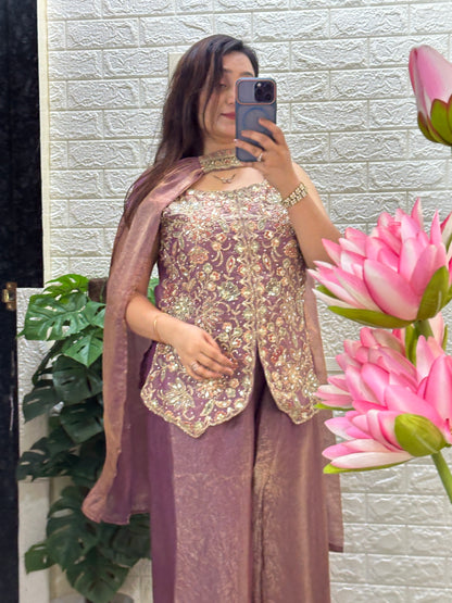 Indo Western- lavender silk embroidered short kurti with flared pants and a matching dupatta