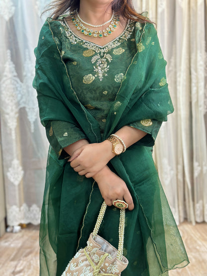 Bottle Green Embroidered Tissue Silk Kurta Set