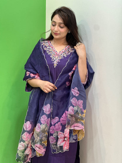 Purple Embroidered Kurta Set With Organza Dupatta