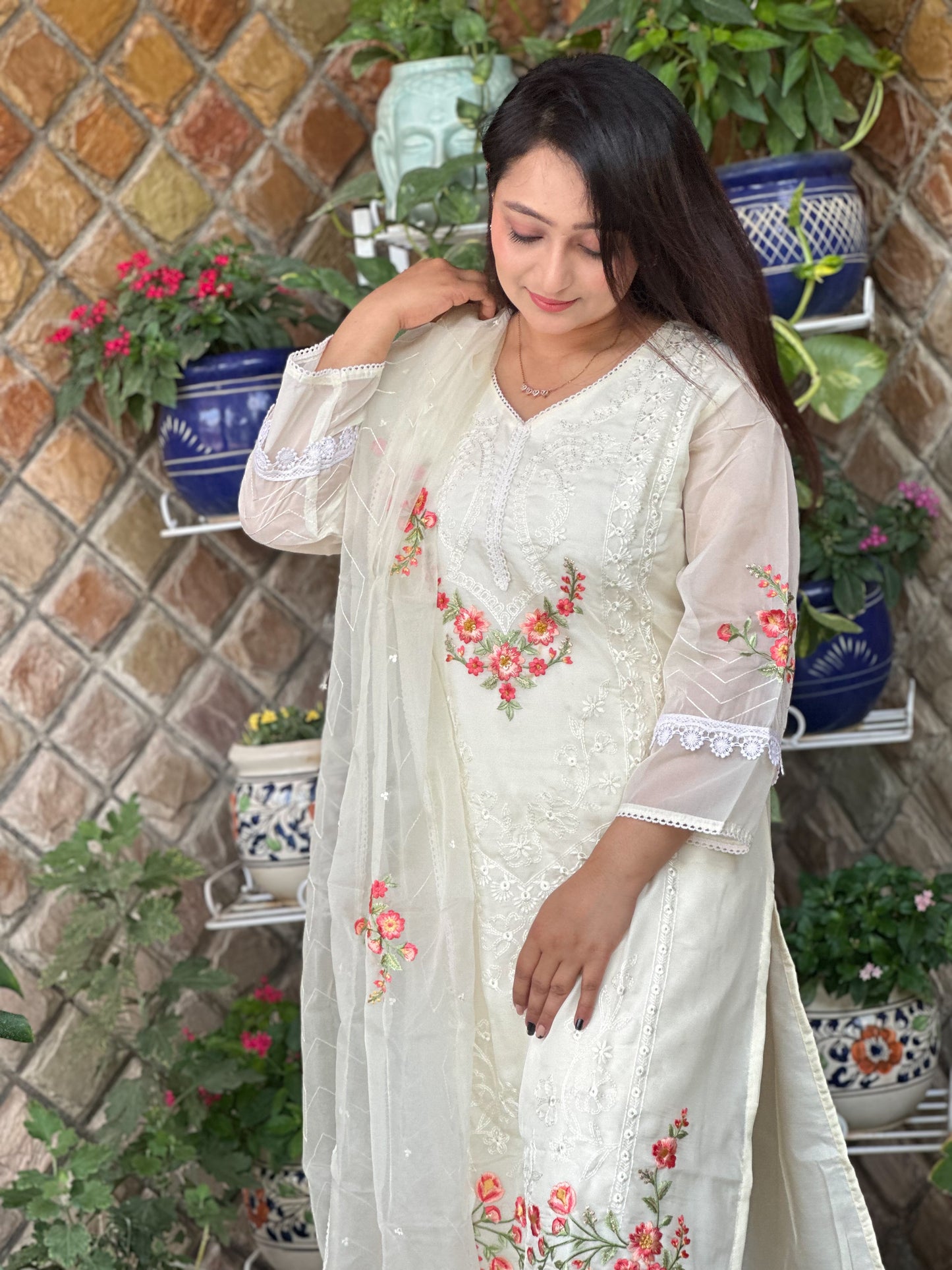 White Organza Embroidered Suit Set