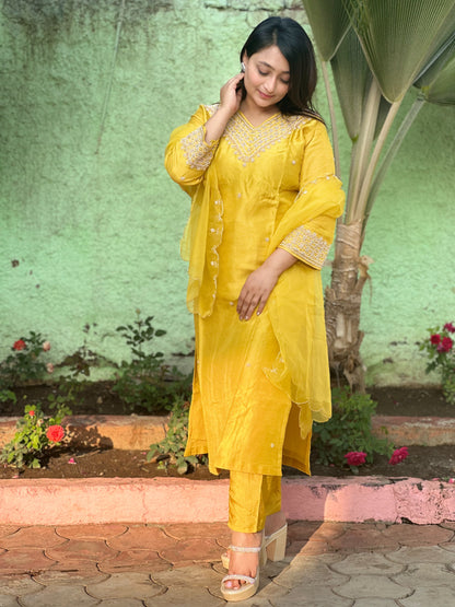 Embroidered Yellow Moti Silk Set