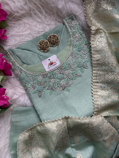 Pista Green Embroidered Silk Set With Banarasi Dupatta