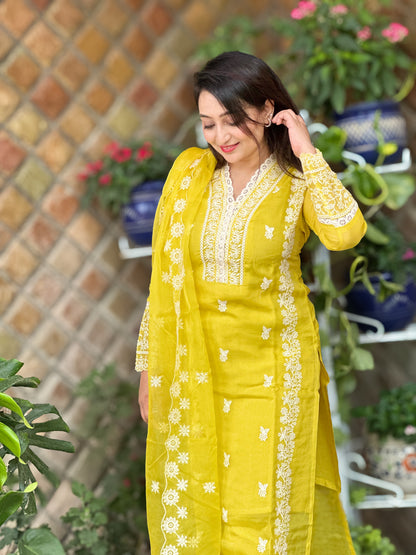 Yellow Organza Embroidered Suit Set