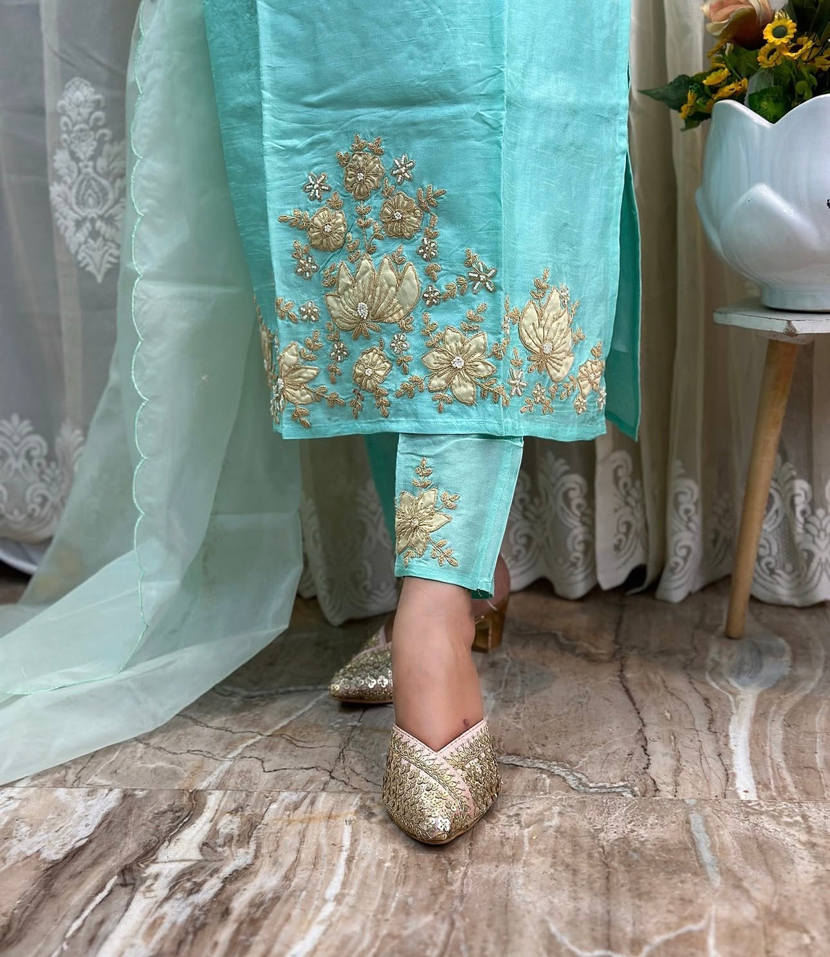 Beautiful Dola silk kurta, adorned with elegant ribbon embroidery