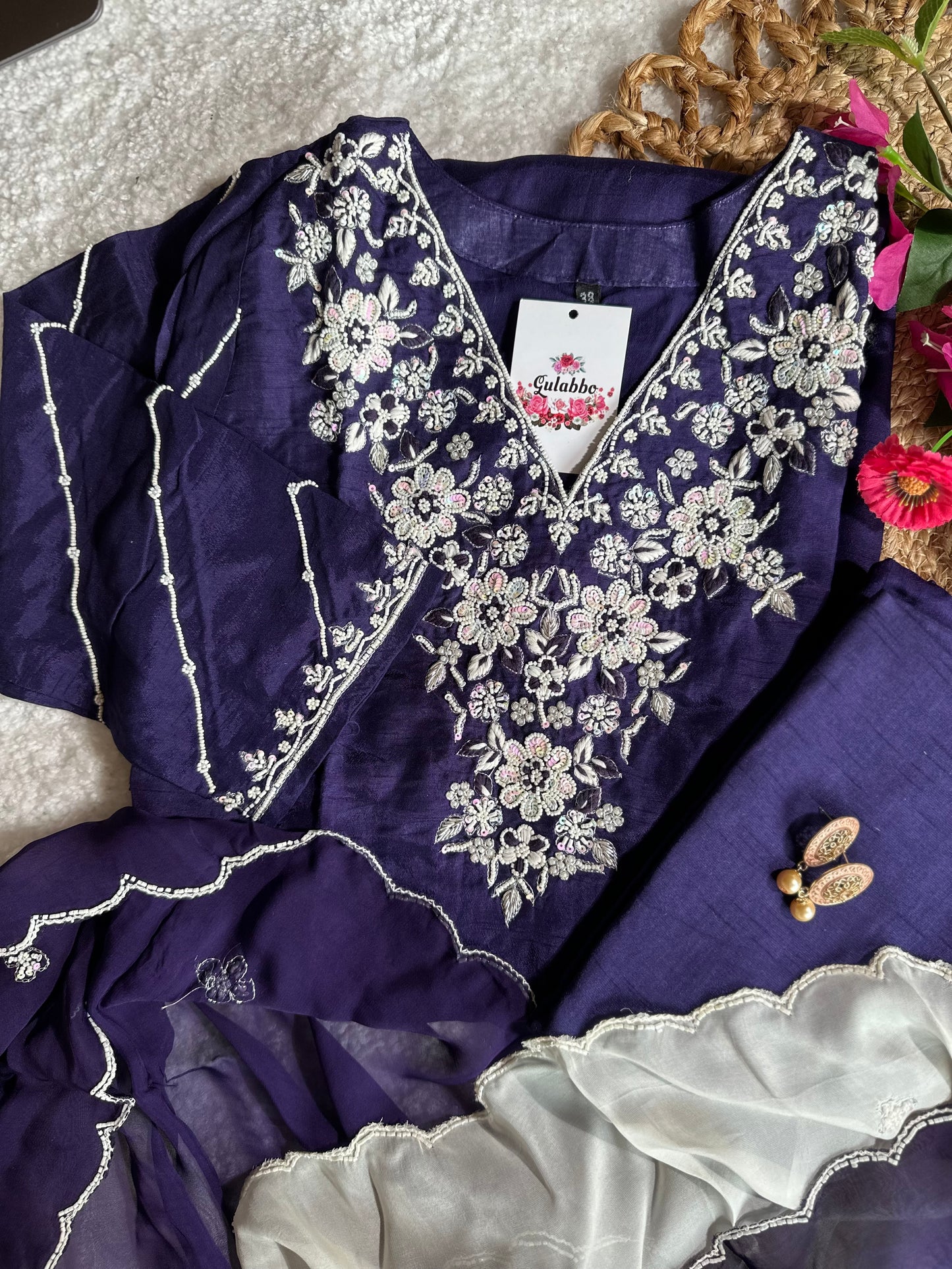 Moti Embroidered Purple Kurta Set