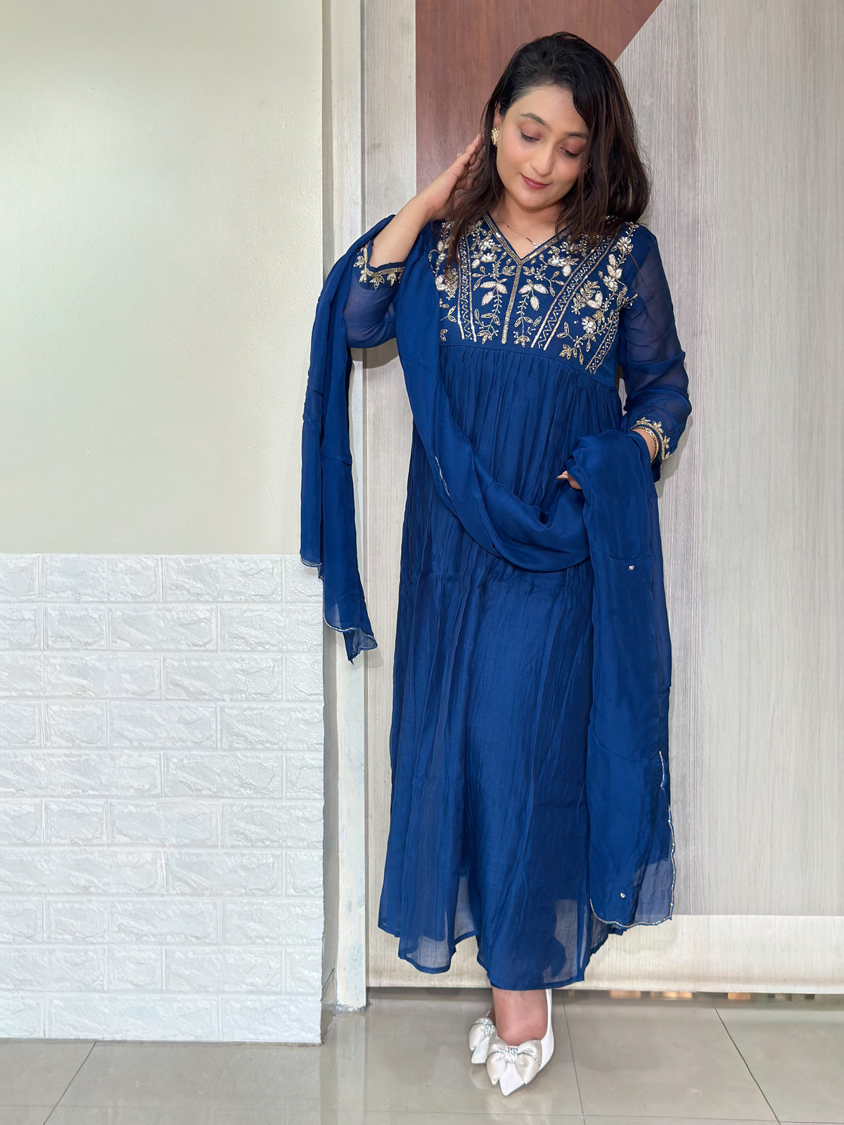 Embroidered Mul Chanderi Aline Kurta Set With Dupatta