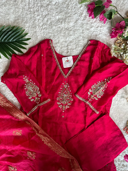 Rani Pink Heavy Embroidered Yoke & Sleeves Silk Kurta Set