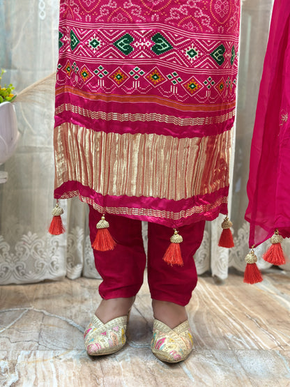 Beautiful Embroidered Gaji Silk Bandhani Dual-Color Ombré Kurta Set
