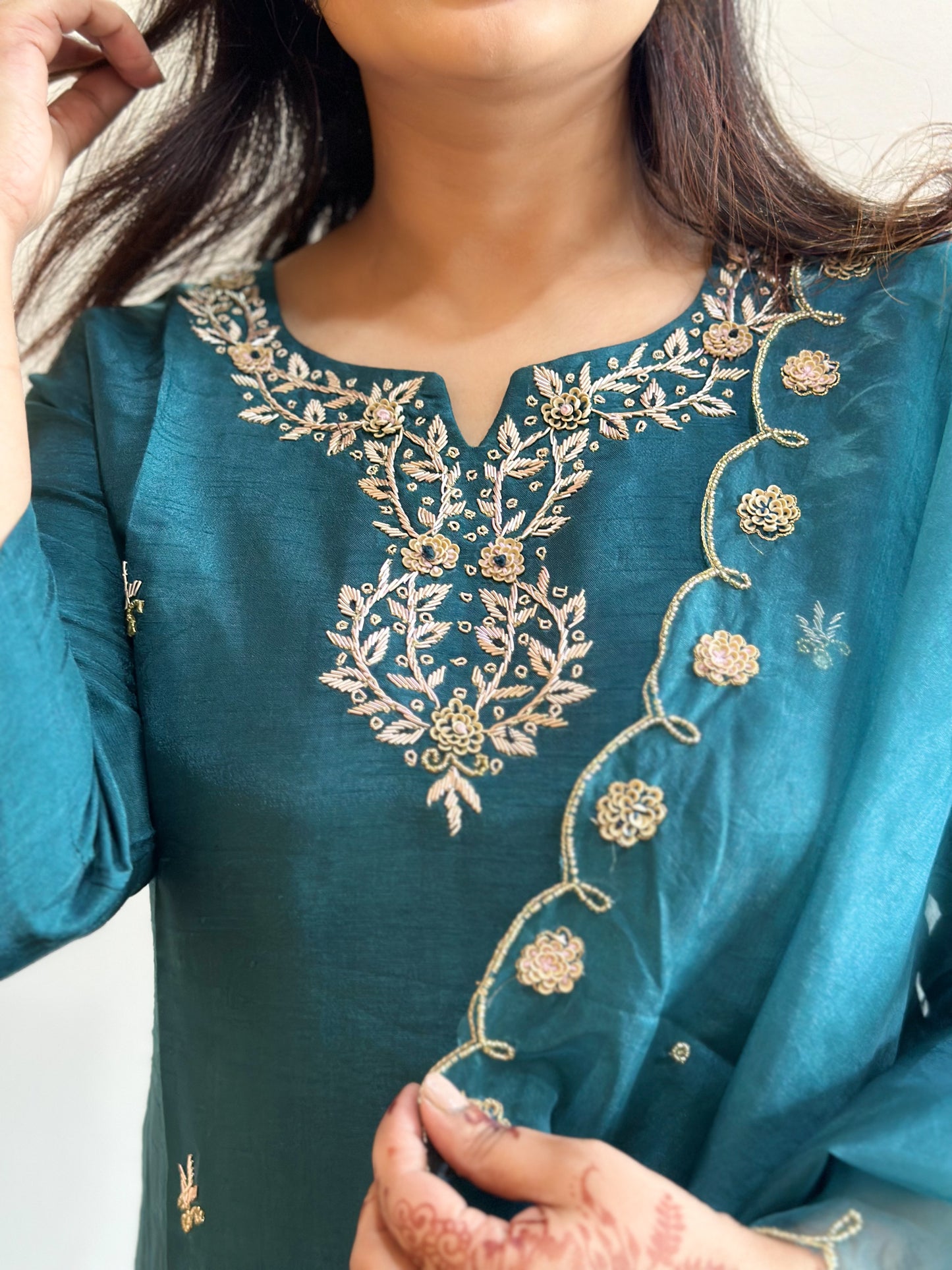 Peacock Green Embroidered Silk Set