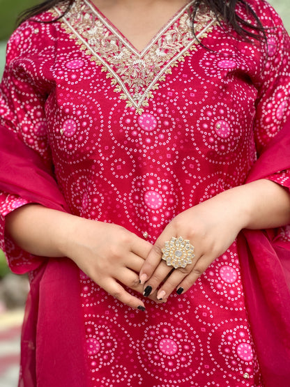 Pink Embroidered Dola Silk Bandhej Kurti