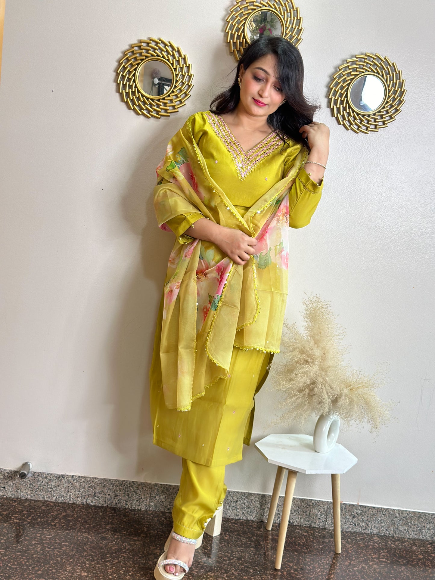 Silk Kurta Set with Floral Organza Dupatta