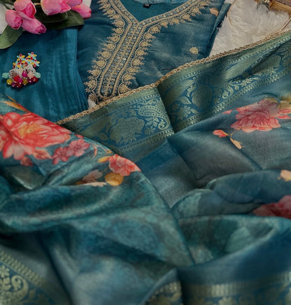 Classy Floral Organza Blue Kurta Set