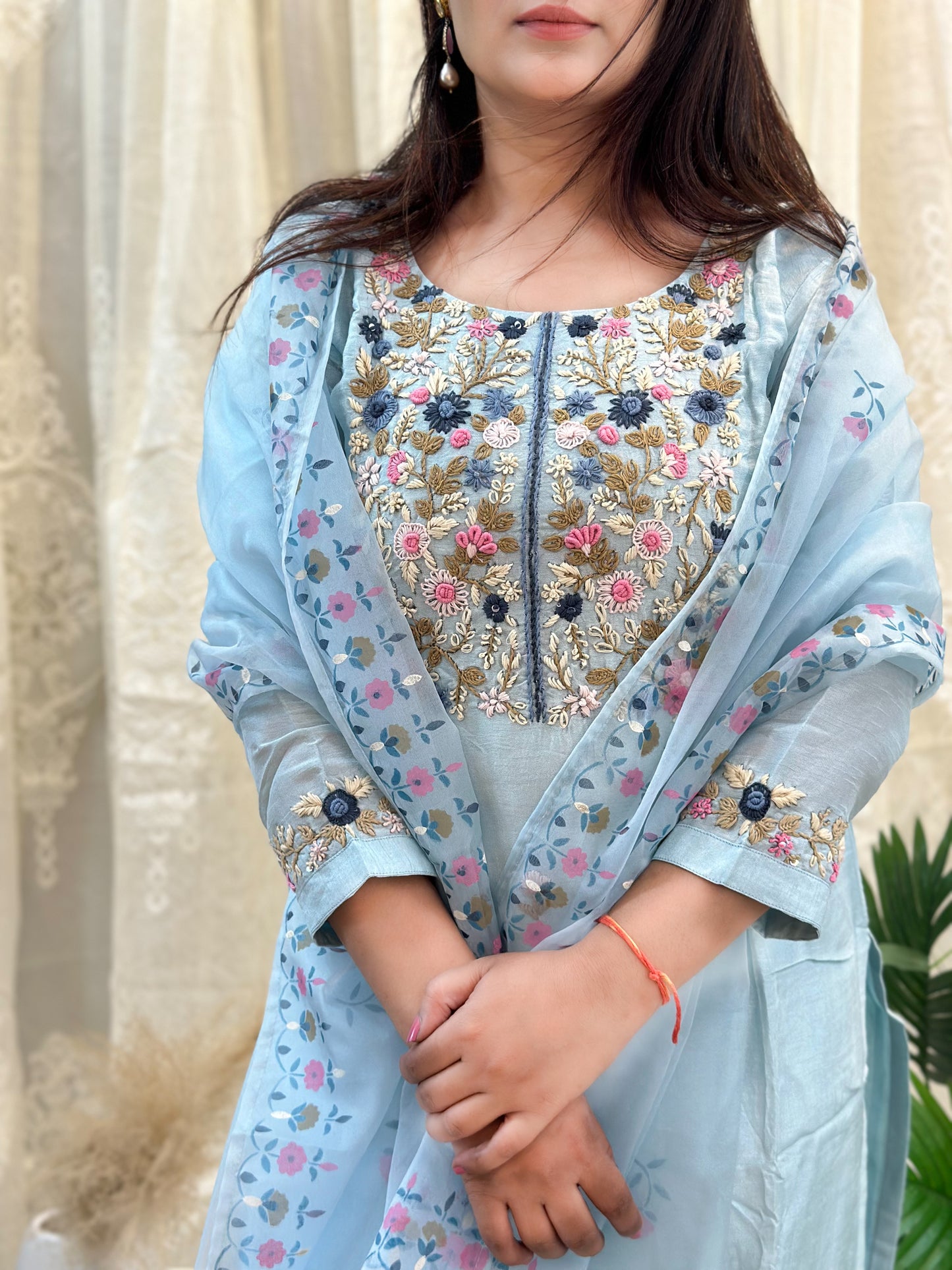 Ribbon Embroidered Kurta Set With Hand Painted Dupatta