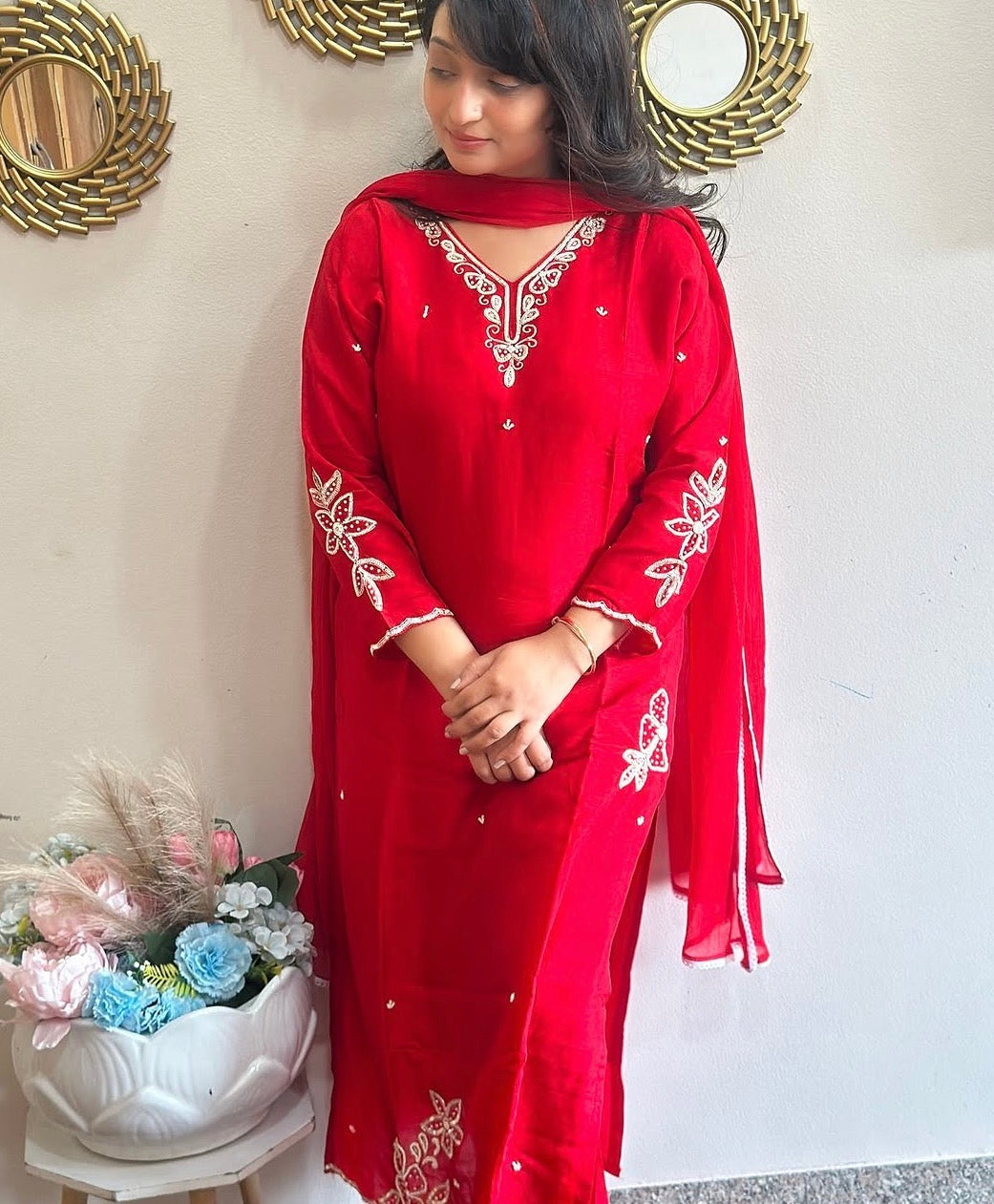 Beautiful Embroidered Red Dola Silk Kurta Set with Dupatta