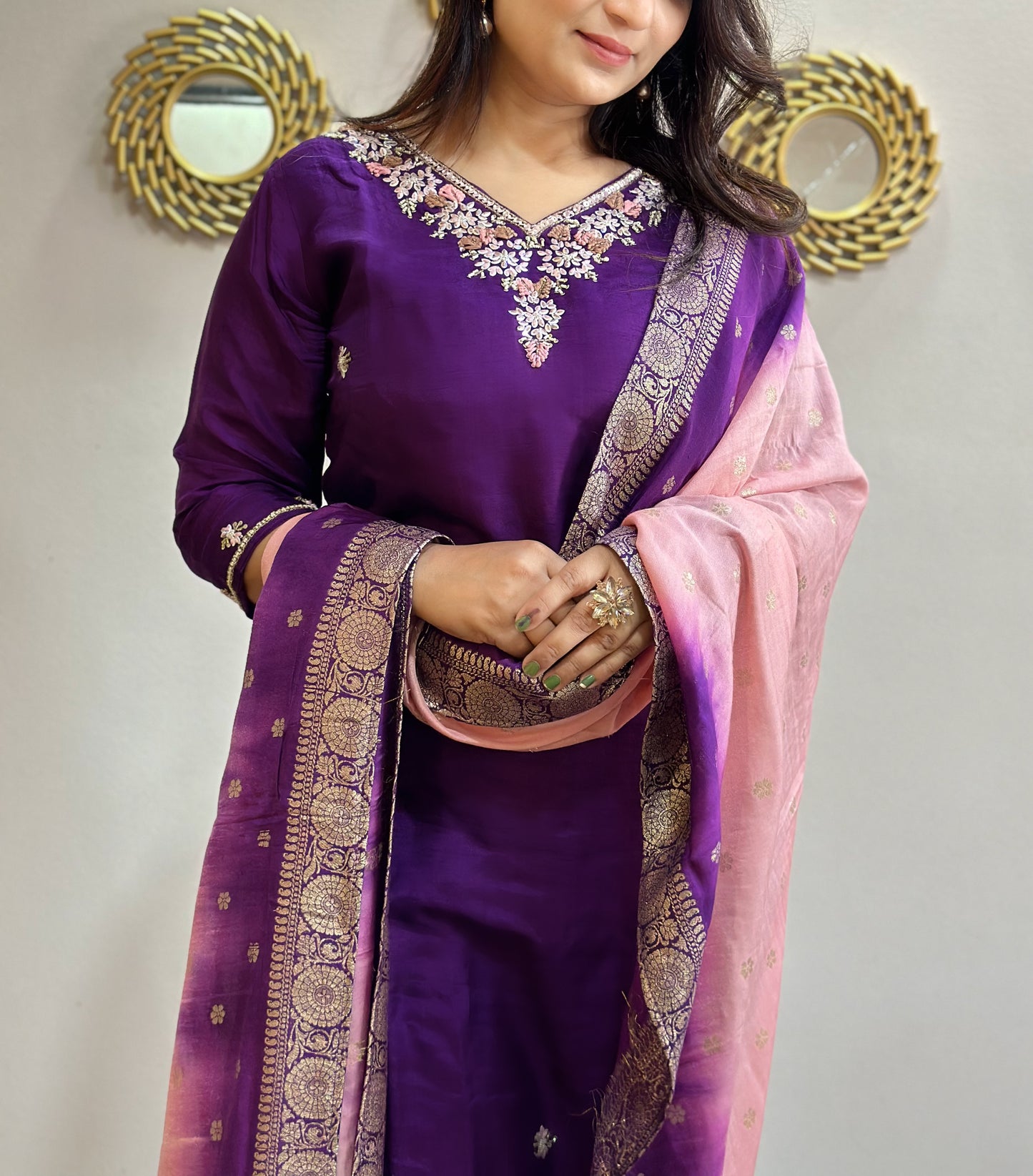 Embroidered Kurti Set With Two-Shade Banarasi Dupatta