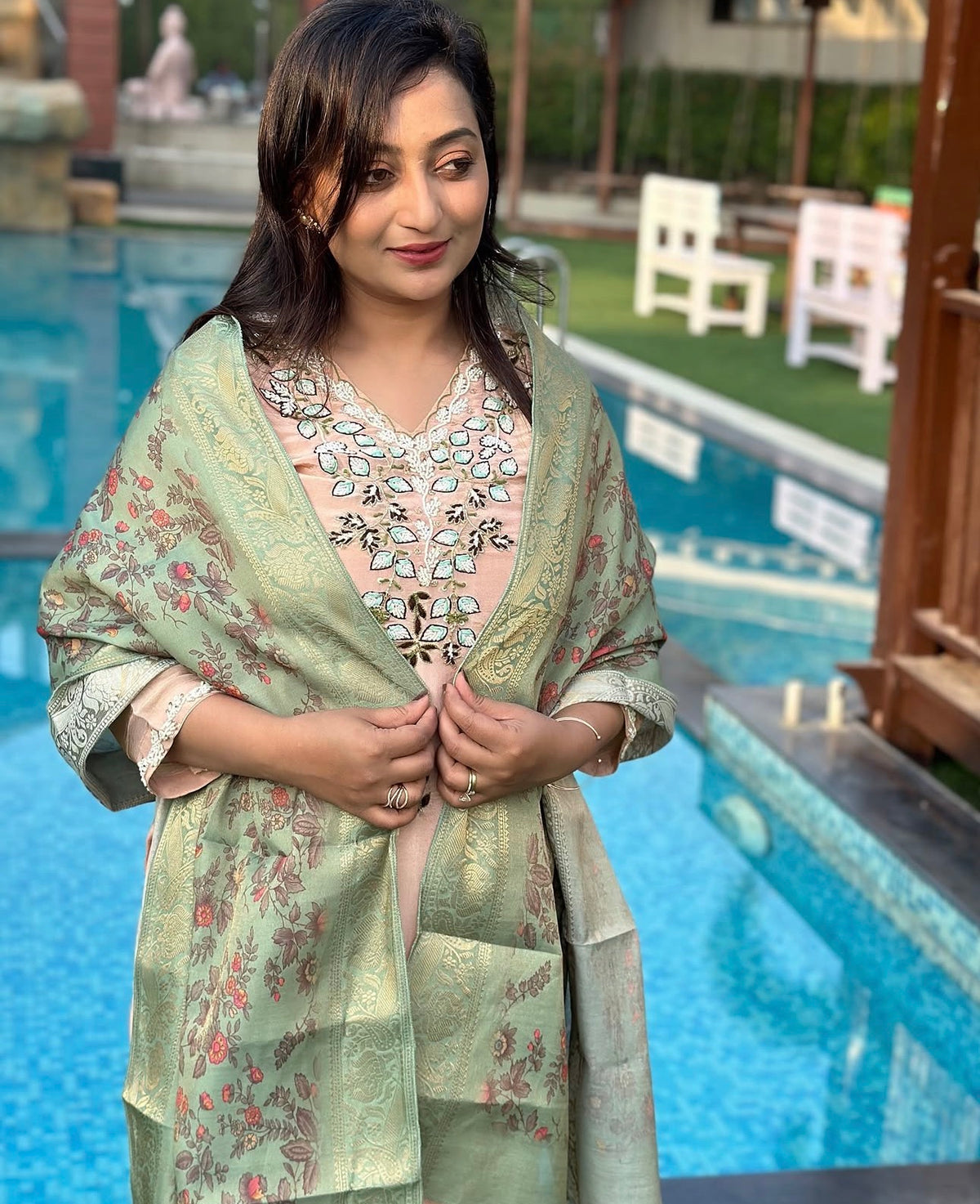Vibrant floral embroidery with a coordinating floral dupatta.