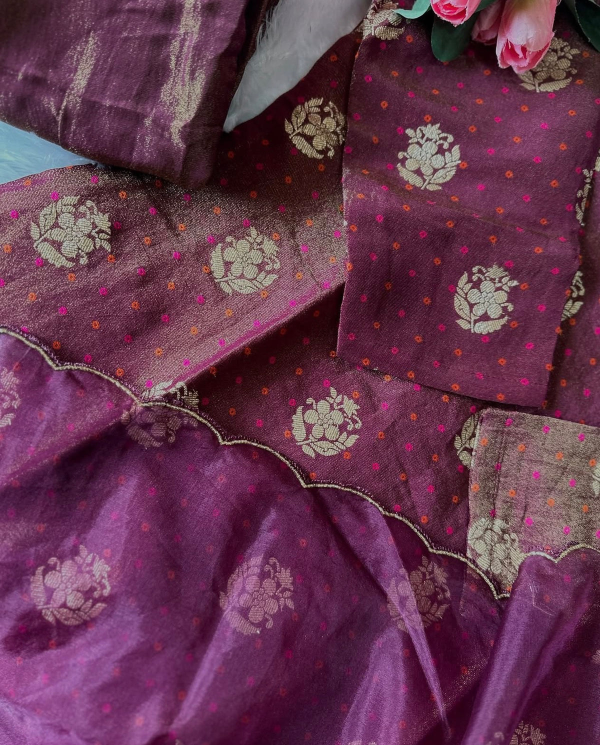 Jacquard Hand Embroidered Tissue Silk Kurta Set With organza Dupatta (wine colour)