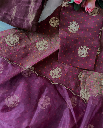 Jacquard Hand Embroidered Tissue Silk Kurta Set With organza Dupatta (wine colour)