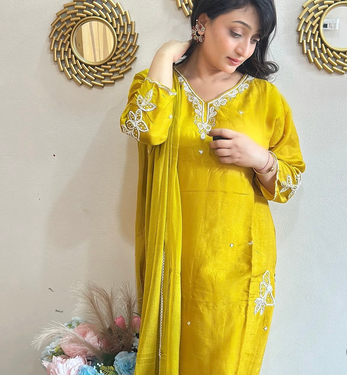 Beautiful Embroidered MustardDola Silk Kurta Set with Dupatta