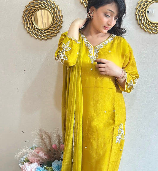 Beautiful Embroidered MustardDola Silk Kurta Set with Dupatta