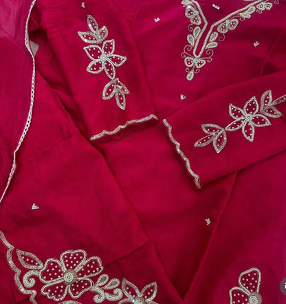 Beautiful Embroidered Rani Dola Silk Kurta Set with Dupatta