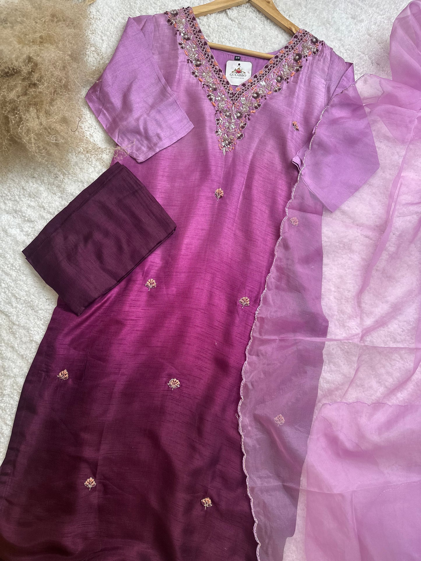 Ombré Pure Dola Silk Embroidered Kurta Set