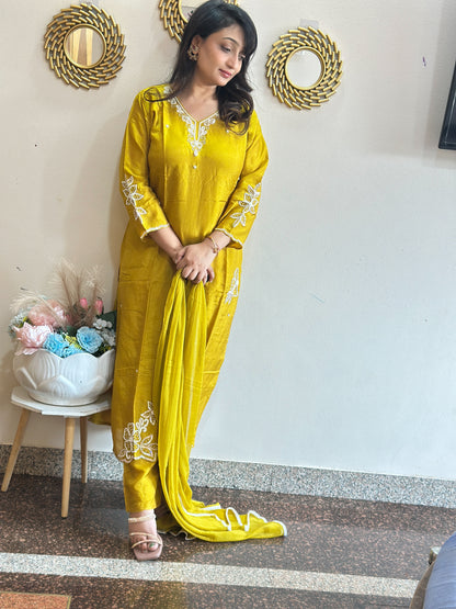Mustard Embroidered Dola Silk Kurta Set