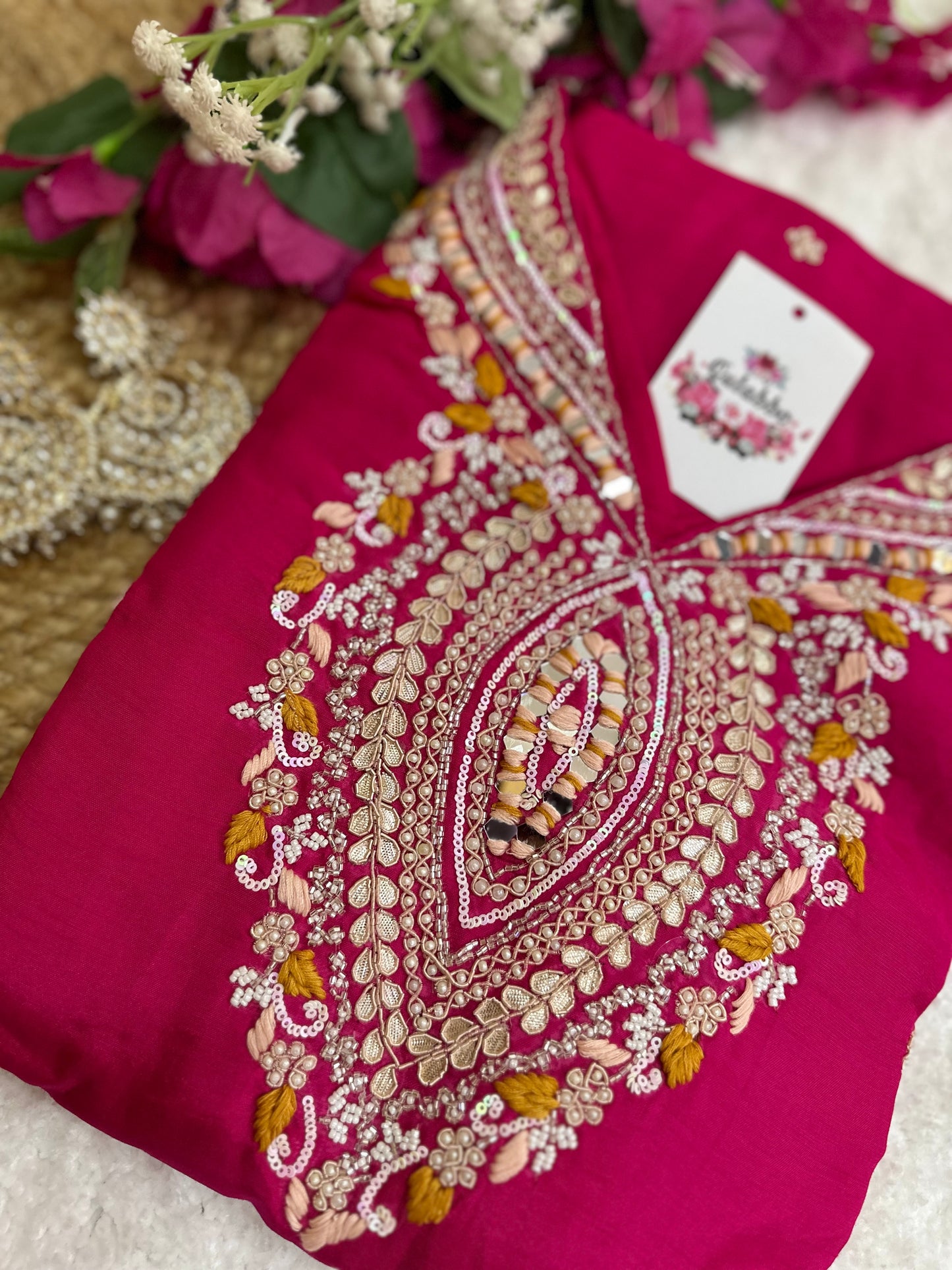 Rani Pink Embroidered Kurta Set With Floral Embroidered Organza Dupatta