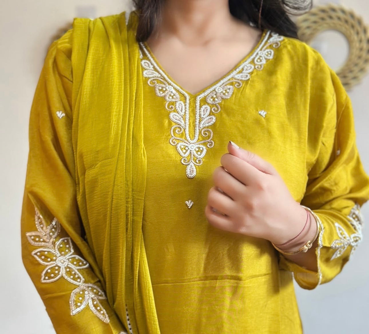Beautiful Embroidered MustardDola Silk Kurta Set with Dupatta
