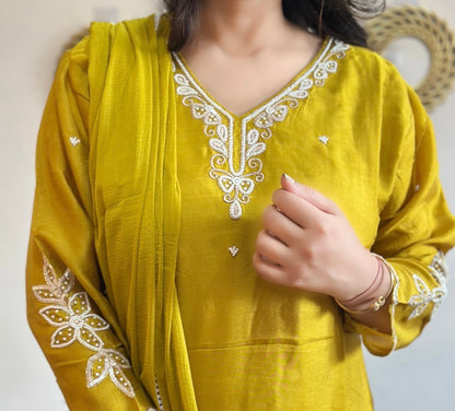 Beautiful Embroidered MustardDola Silk Kurta Set with Dupatta