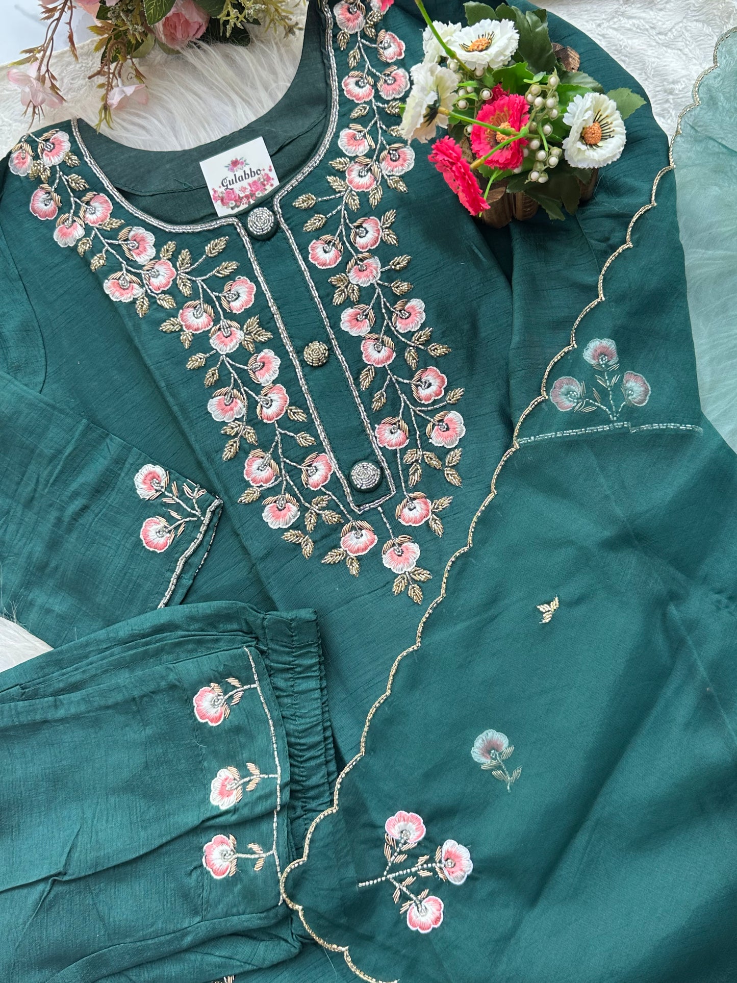 Ombré Embroidered Bottle Green Dress