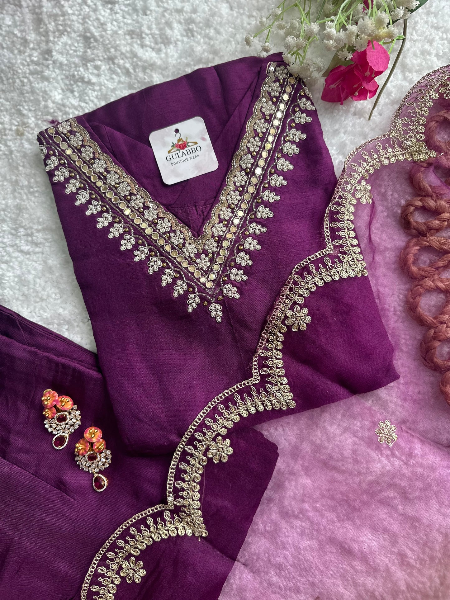 Embroidered Kurta Set With Scalloped Dupatta.