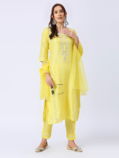 Yellow embroidered silk set