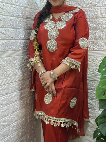 Rust colour festive kurti set with real mirror work