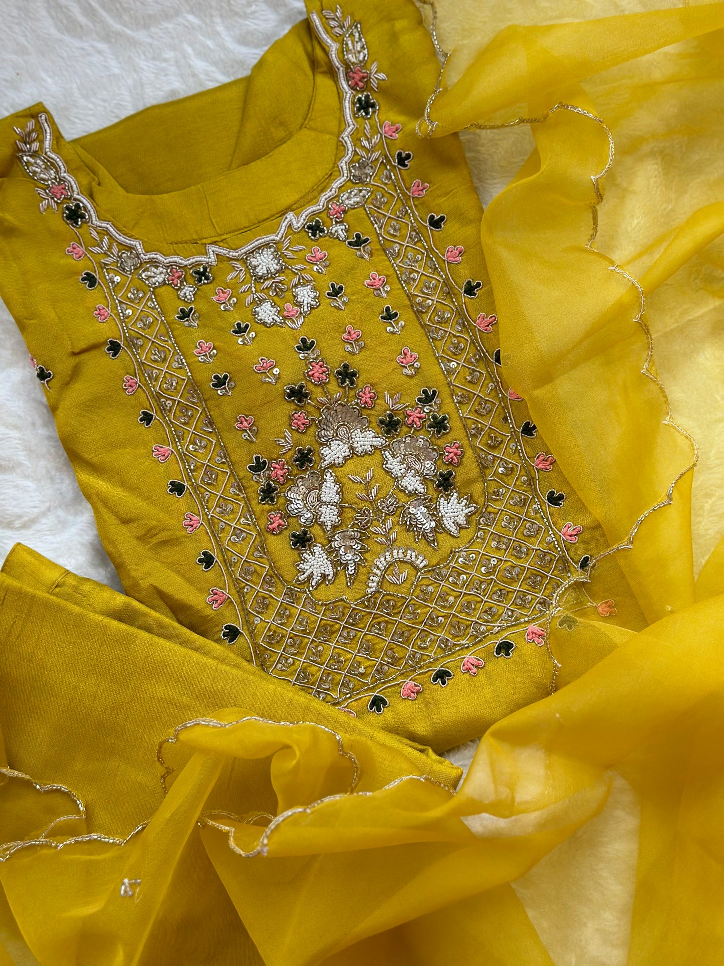 Yellow Silk Hand Embroidered Pink Dress